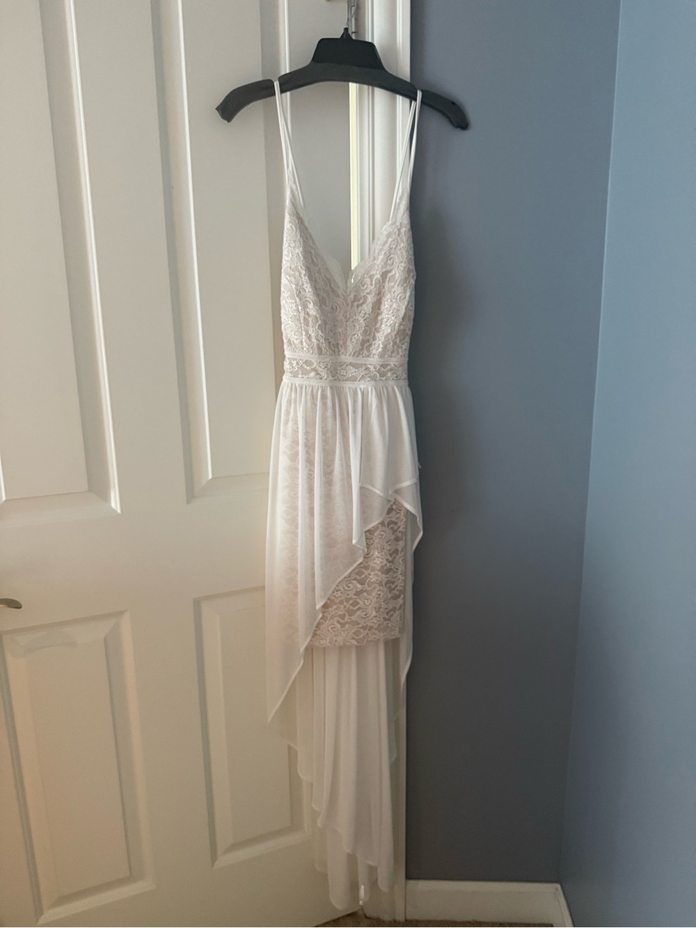 Morgan & Co. Ivory Lace High-Low V-Neck Spaghetti Strap Dress